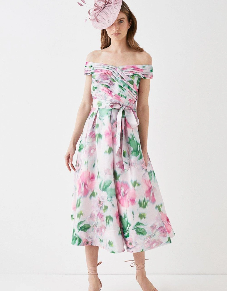 Glossy Organza Bardot Midi Dress