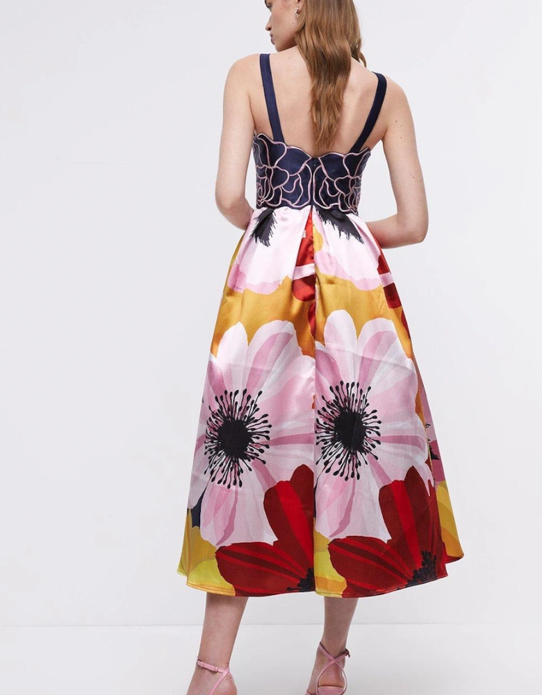Printed Twill Midi Dress With Embroidered Flowers