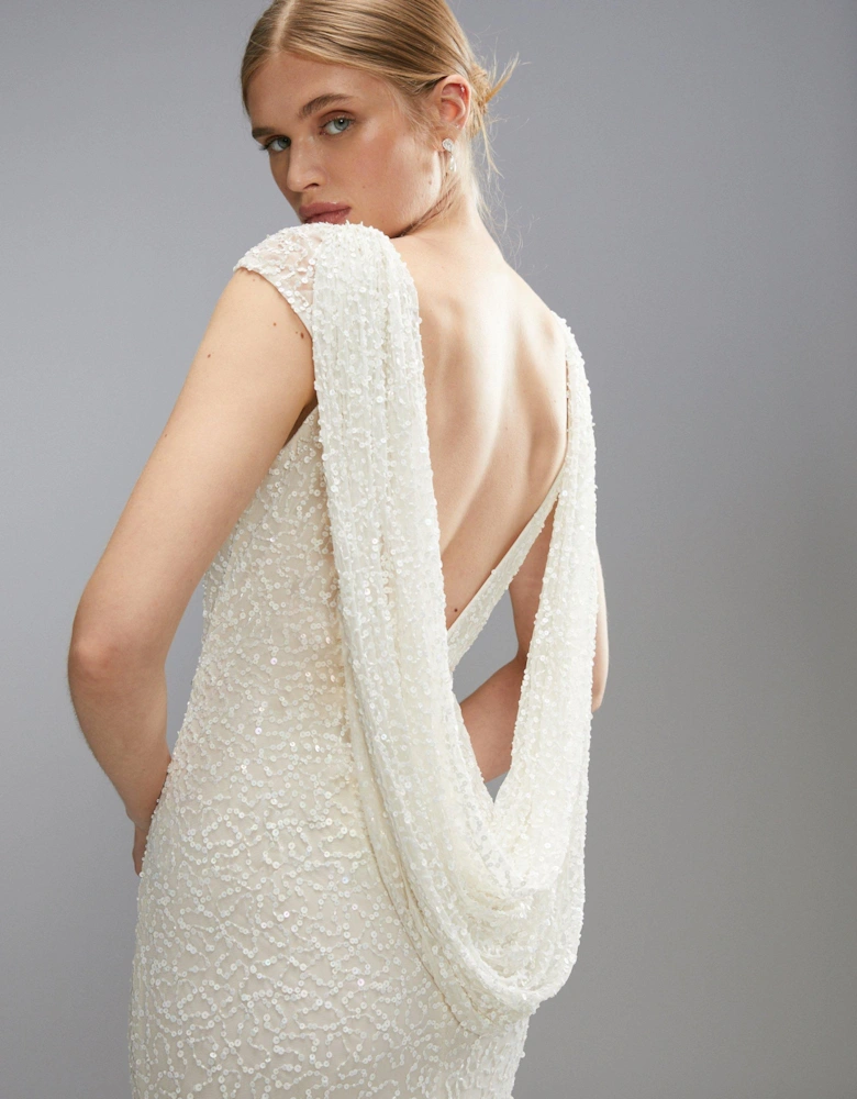 Draped Cowl Back Sequin Bridal Maxi Dress