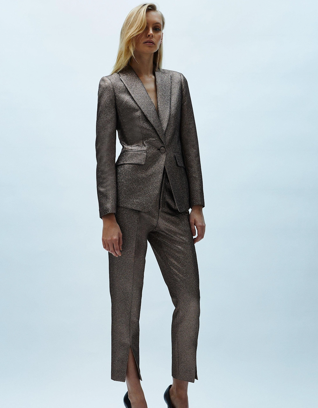 Split Front Metallic Jacquard Trouser