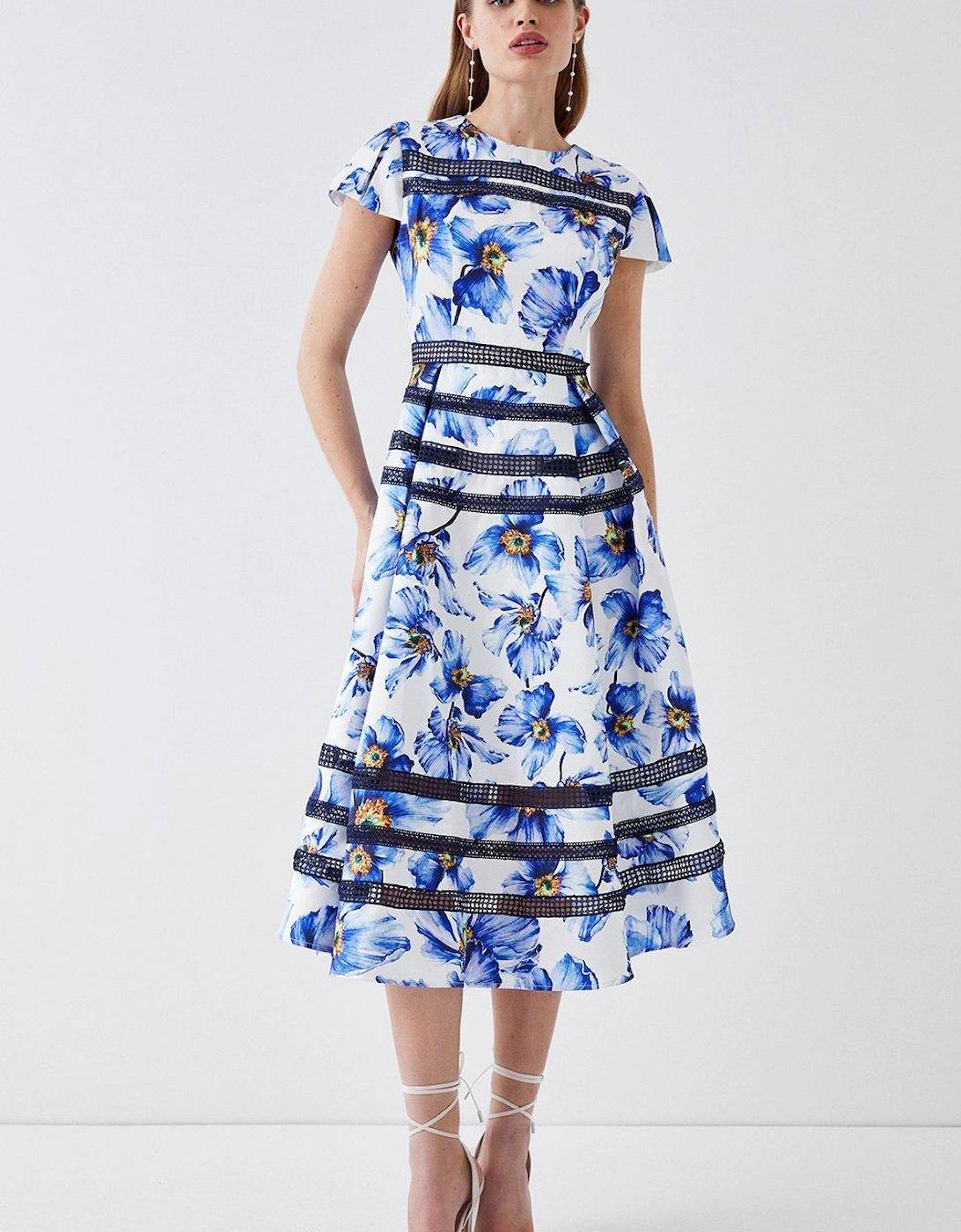 Geo Lace Trim Printed Midi Dress In Twill