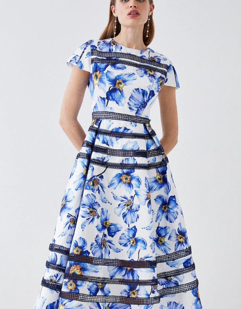 Geo Lace Trim Printed Midi Dress In Twill