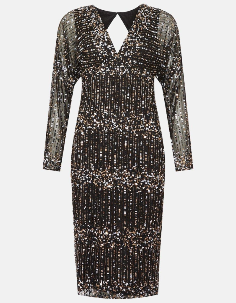 Premium Hand Embellished Gold Sequin Midi Dre