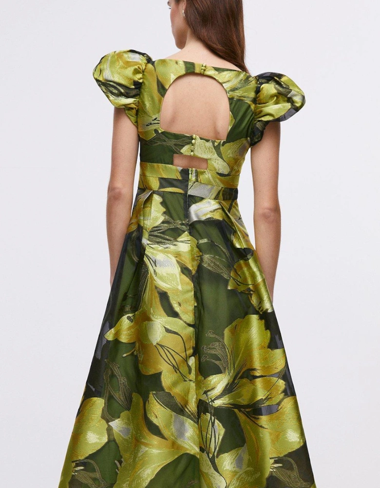 V Neck Jacquard Dress With Frill Shoulder