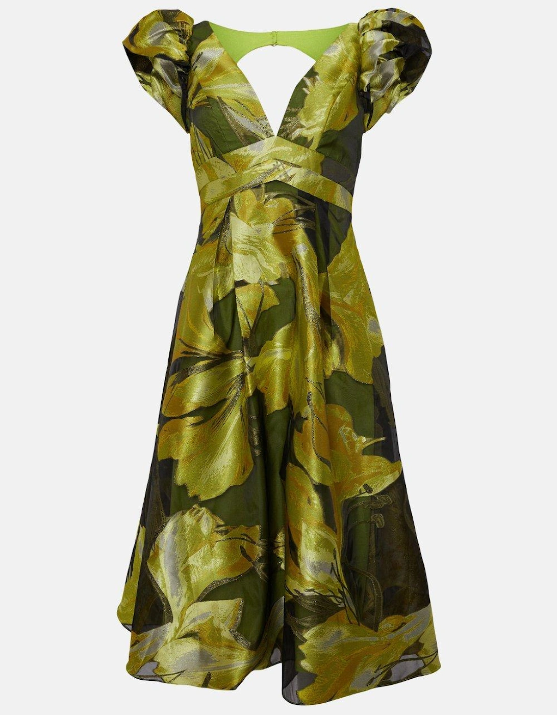 V Neck Jacquard Dress With Frill Shoulder