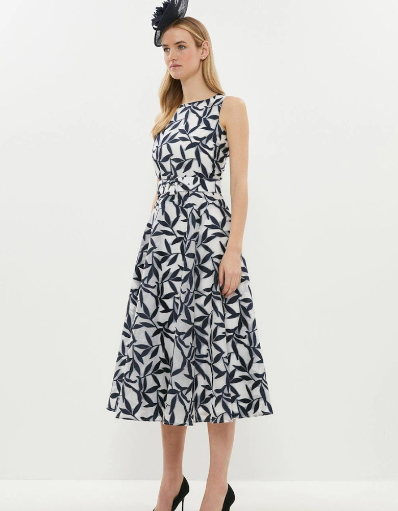 Belted Jacquard Fit And Flare Dress