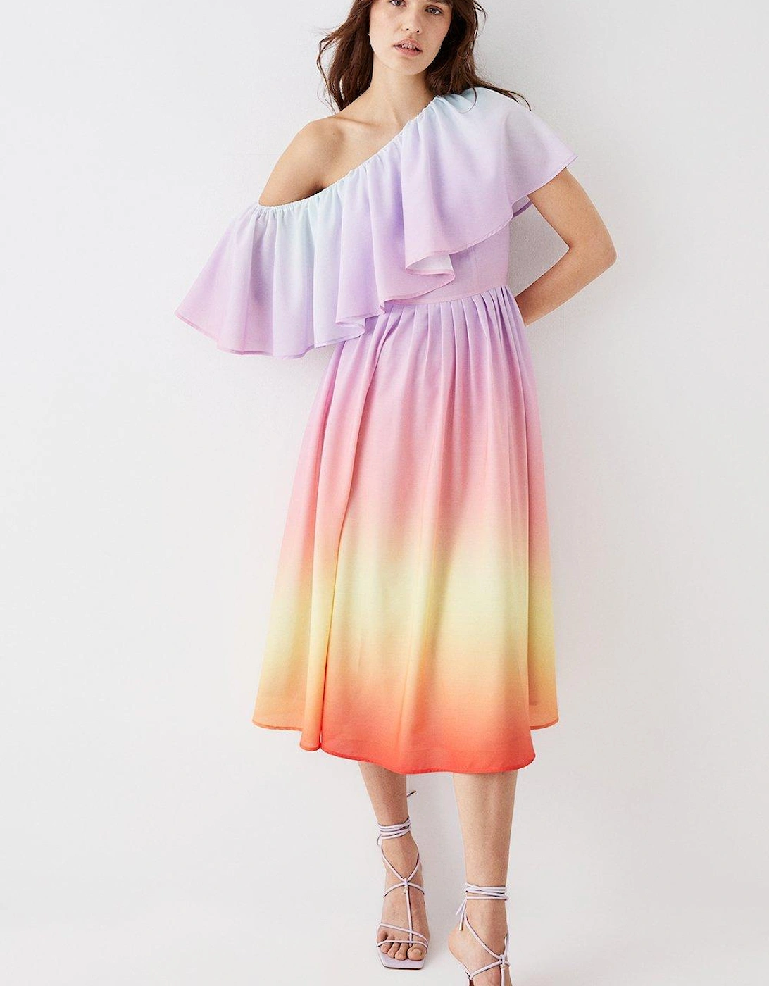 Sunset Ombre Print One Shoulder Midi Dress, 5 of 4