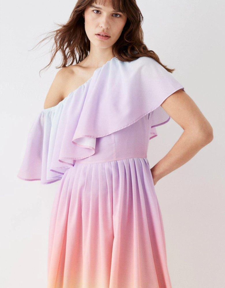 Sunset Ombre Print One Shoulder Midi Dress