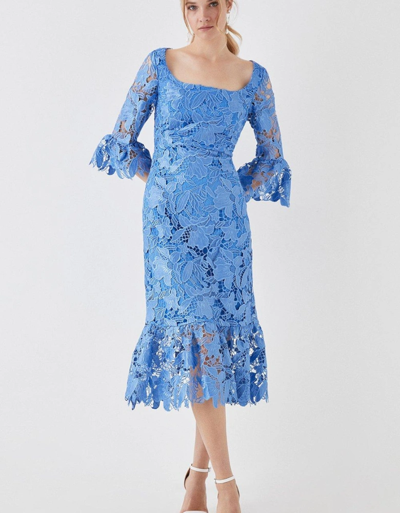 Satin Lace Long Sleeve Midi Dress