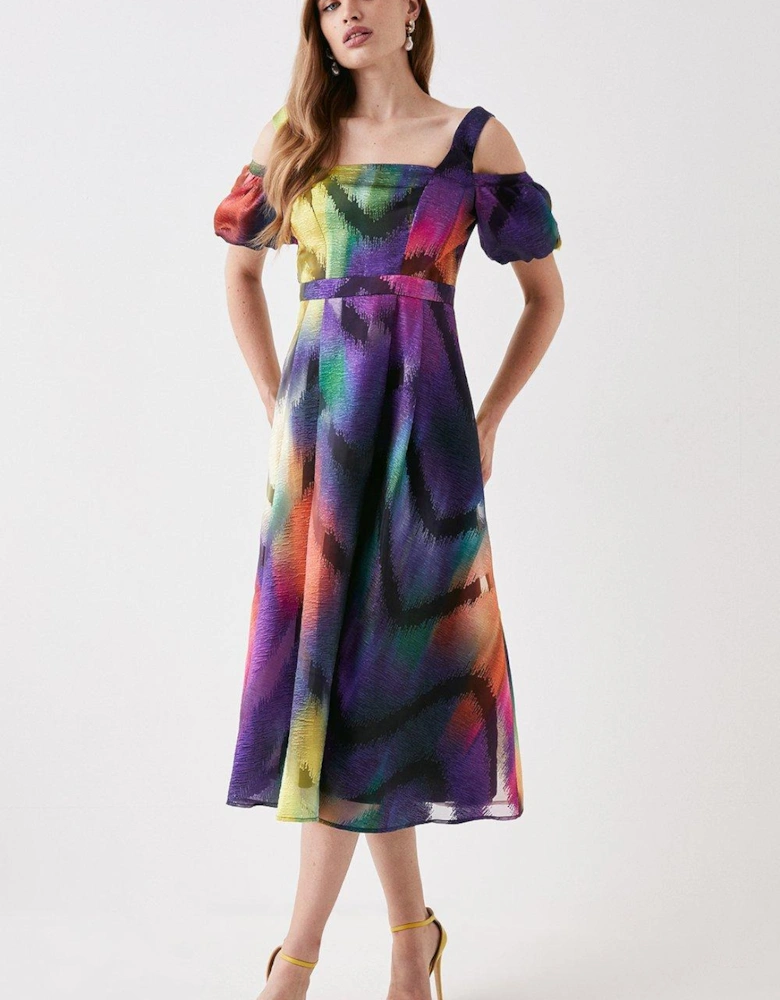 Georgette Jacquard Puff Sleeve Midi Dress
