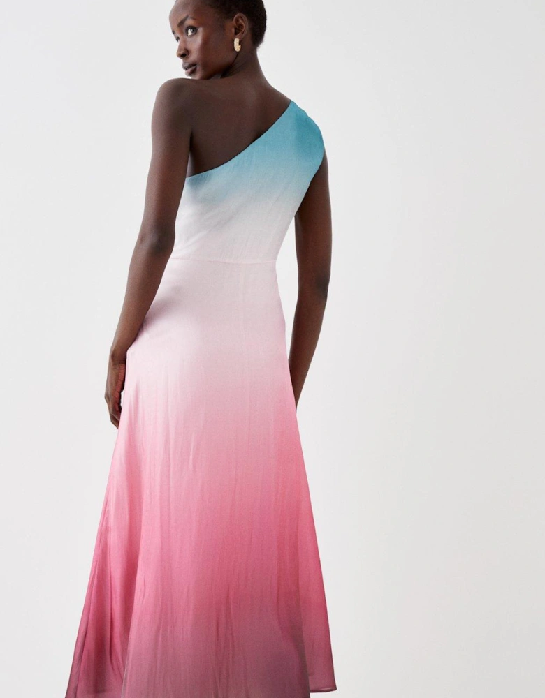 One Shoulder Glossy Organza Ombre  Midi Dress