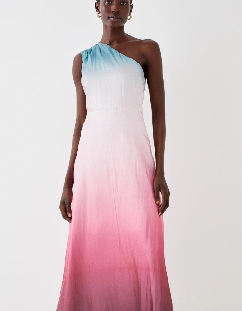 One Shoulder Glossy Organza Ombre  Midi Dress