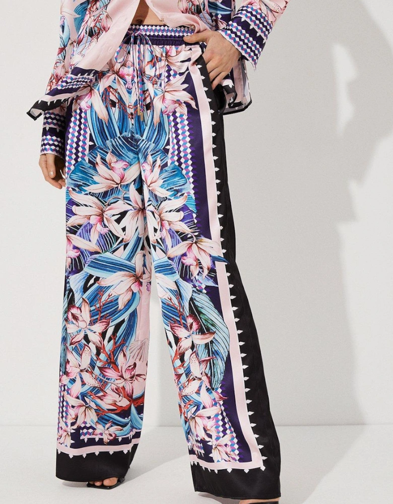 Tropical Floral Geometric Placement Printed Trouser