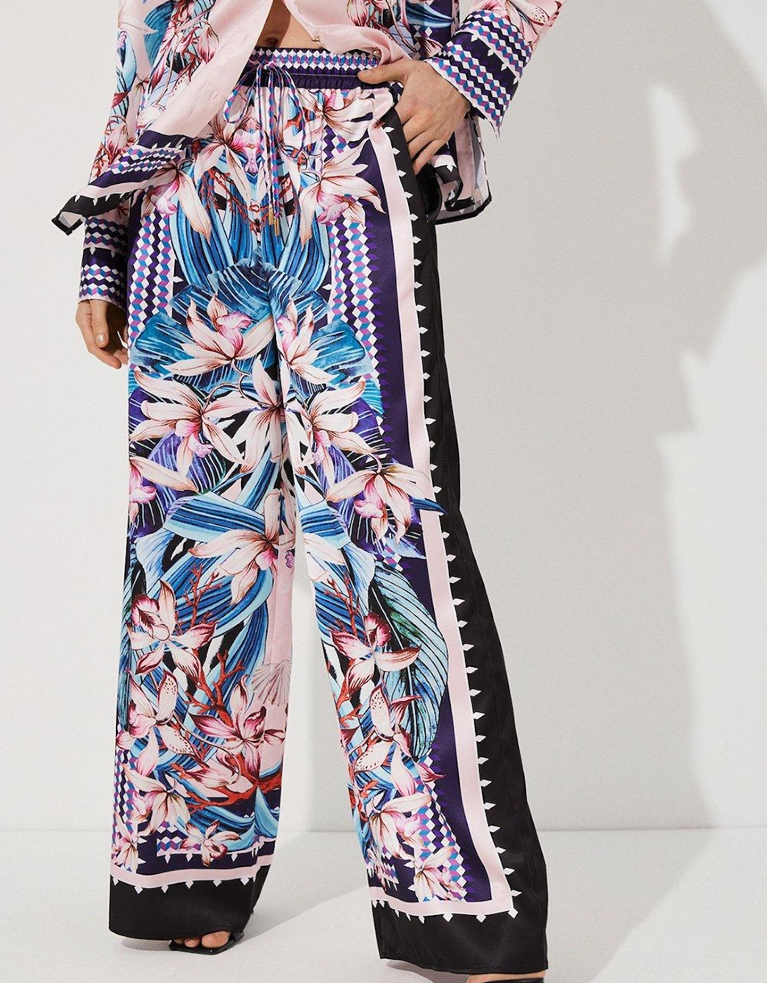 Tropical Floral Geometric Placement Printed Trouser