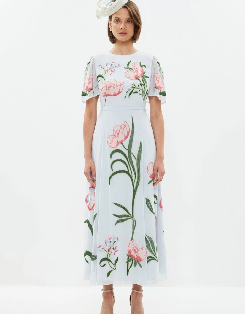 Trailing Floral Angel Sleeve Embroidered Maxi Dress
