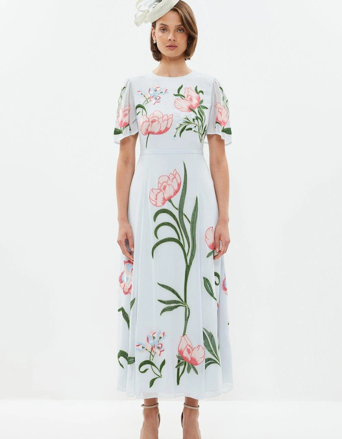 Trailing Floral Angel Sleeve Embroidered Maxi Dress, 6 of 5