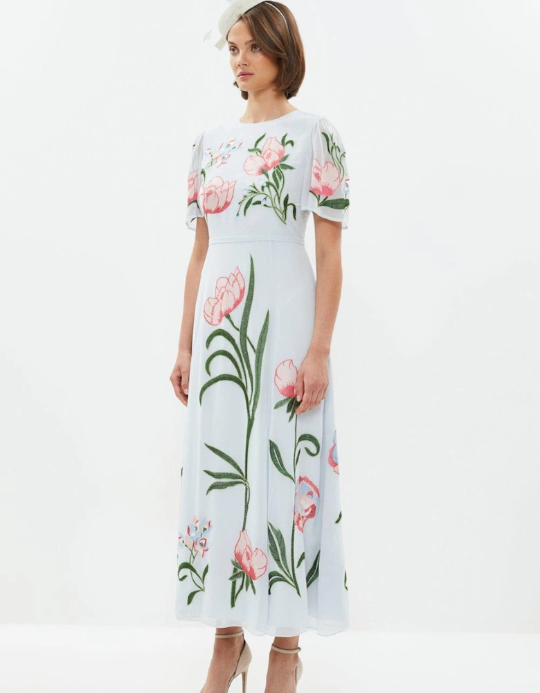 Trailing Floral Angel Sleeve Embroidered Maxi Dress