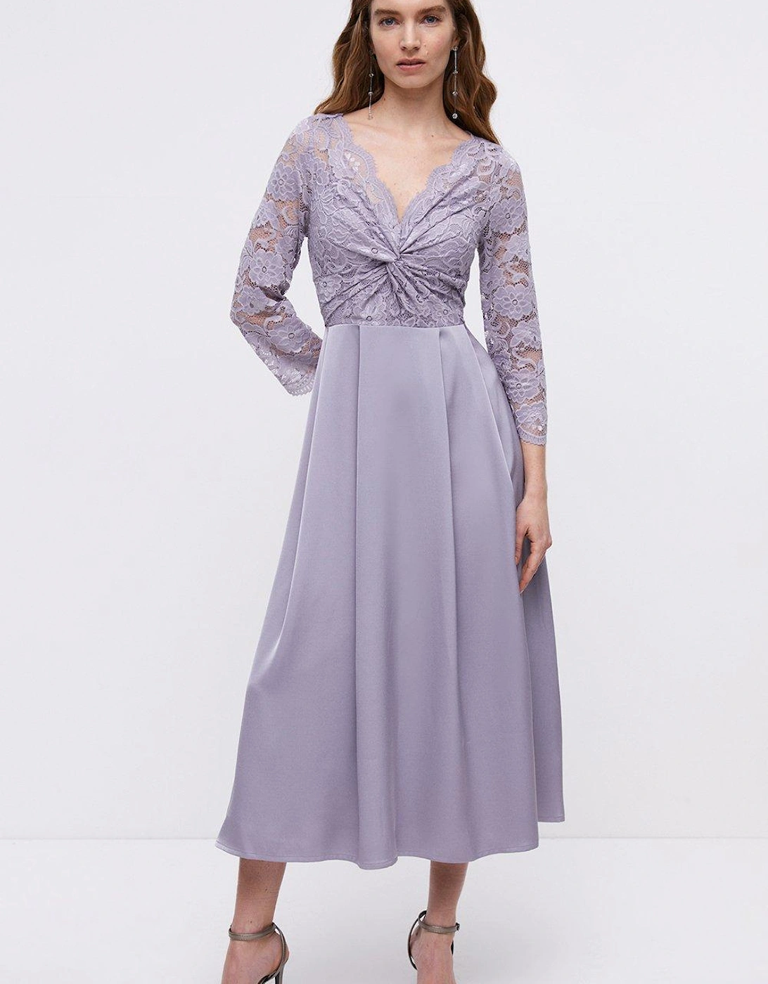 Lace Twist Top Satin Skirt Midi Dress, 6 of 5