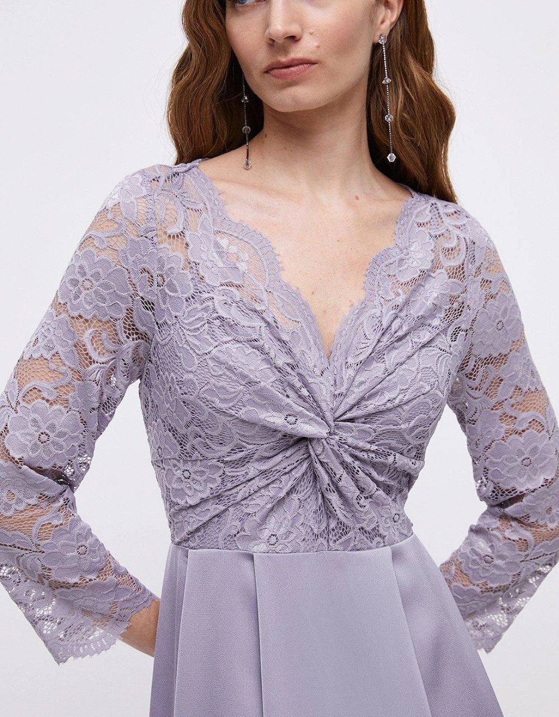 Lace Twist Top Satin Skirt Midi Dress