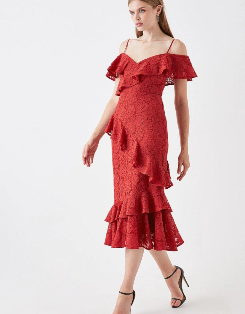 Sophie Habboo Asymmetric Lace Midi Dress