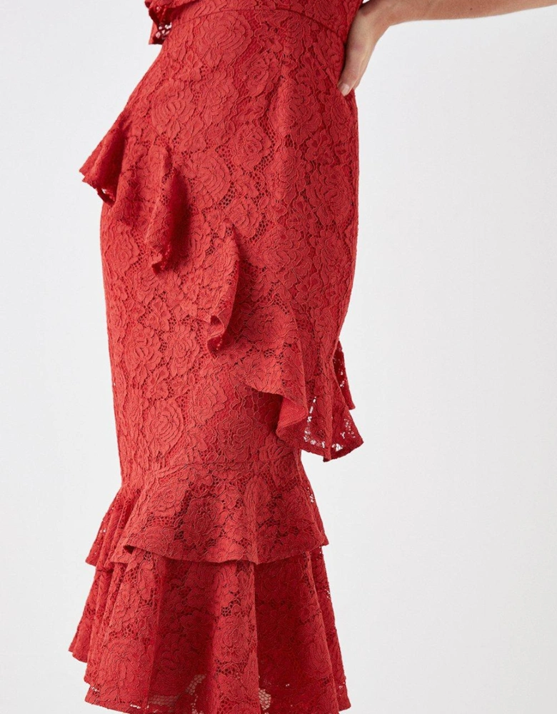 Sophie Habboo Asymmetric Lace Midi Dress