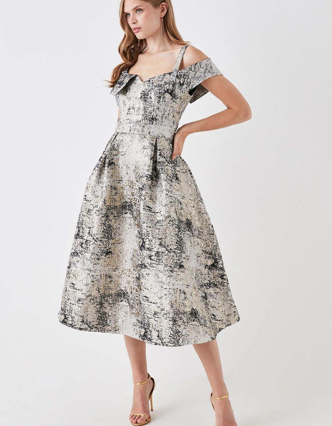 Julie Kuyath Bardot Fold Bodice Full Skirt Jacquard Dress, 5 of 4
