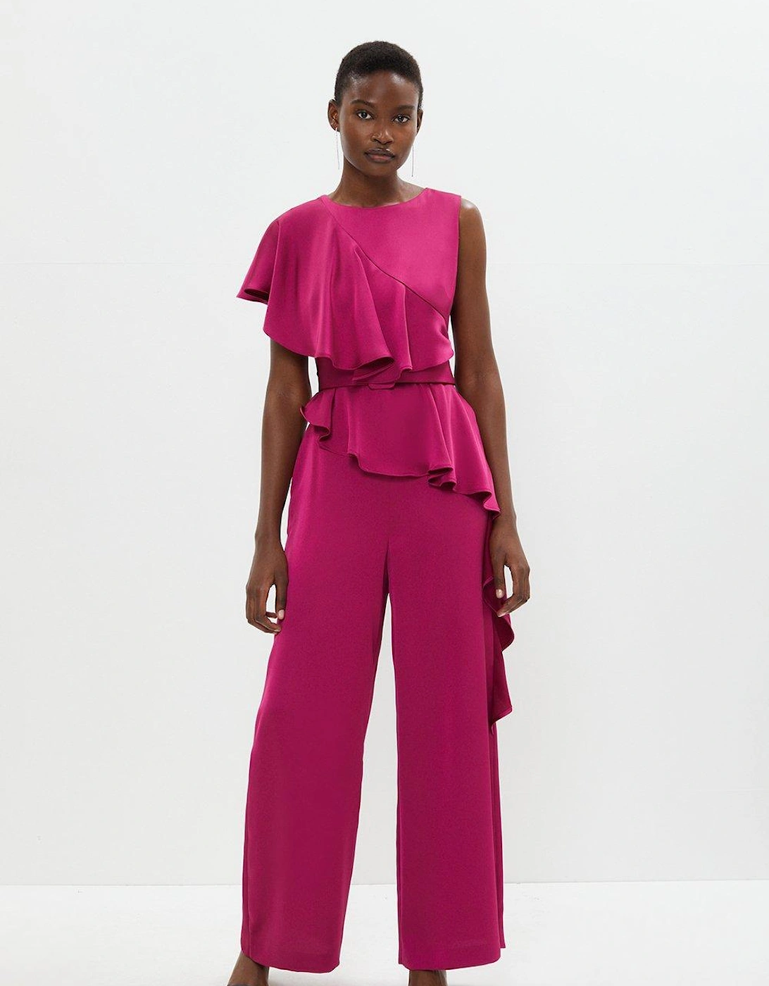 Frill Detail Belted Satin Jumpsuit