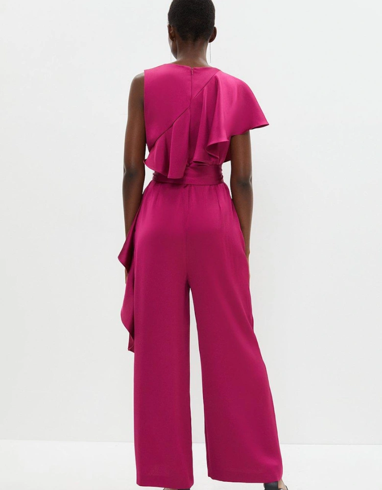 Frill Detail Belted Satin Jumpsuit
