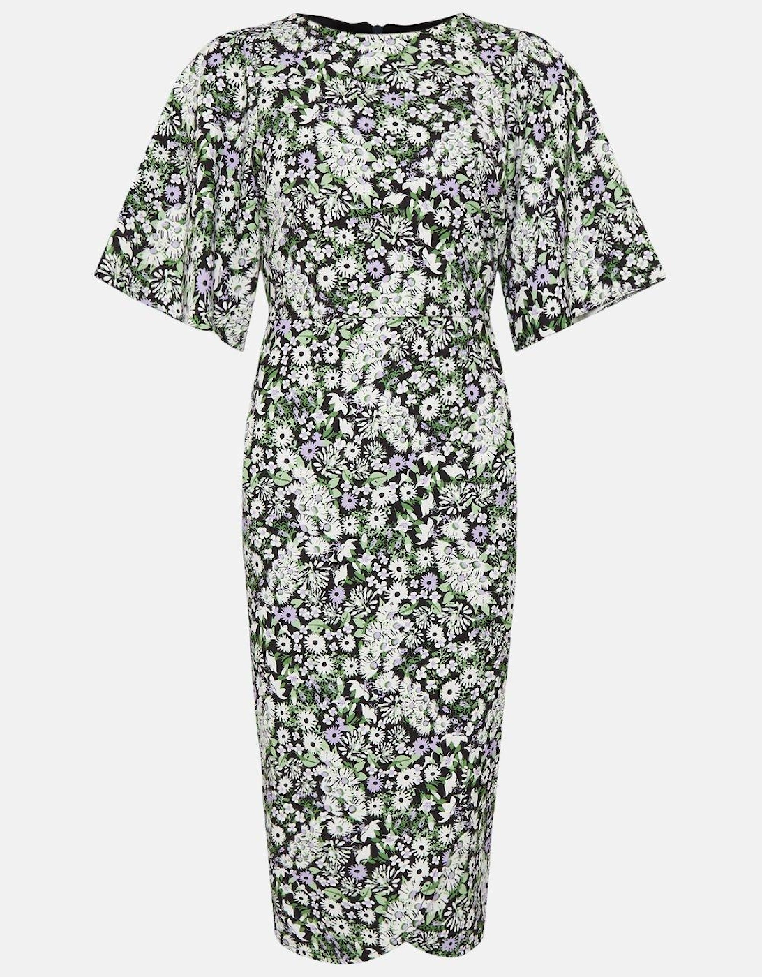 Flare Sleeve Printed Crepe Wrap Pencil Dress