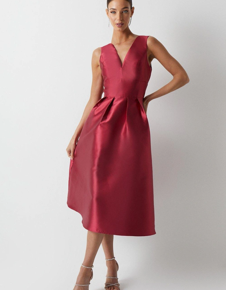 Plunge Neck Structured Twill Midi Dress