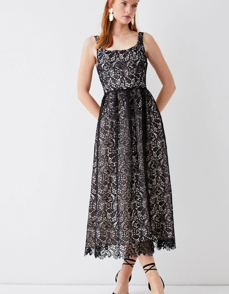 Lace Panelled Bodice Full Skirt  Midi Dress