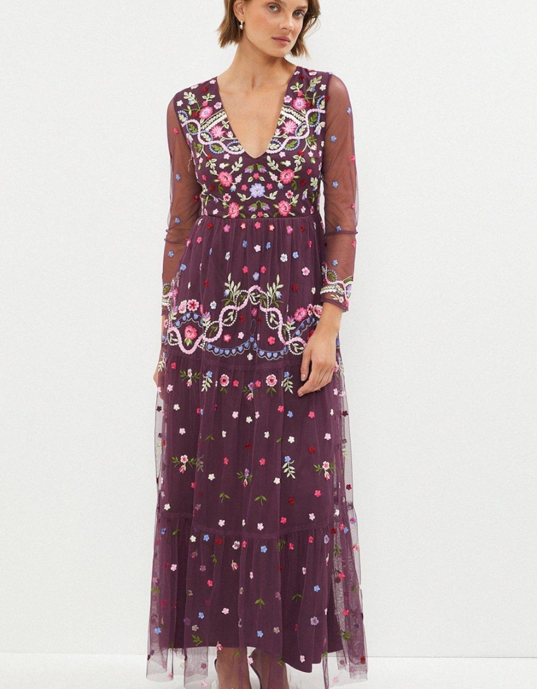 Long Sleeve All Over Embroidered Maxi Dress