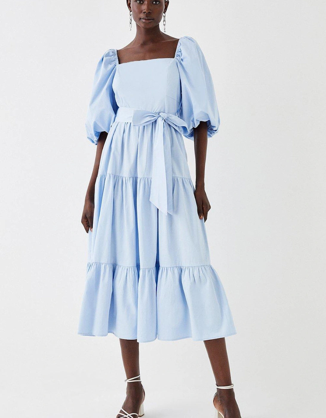 Puff Sleeve Belted Cotton Tiered Midi Dress, 5 of 4