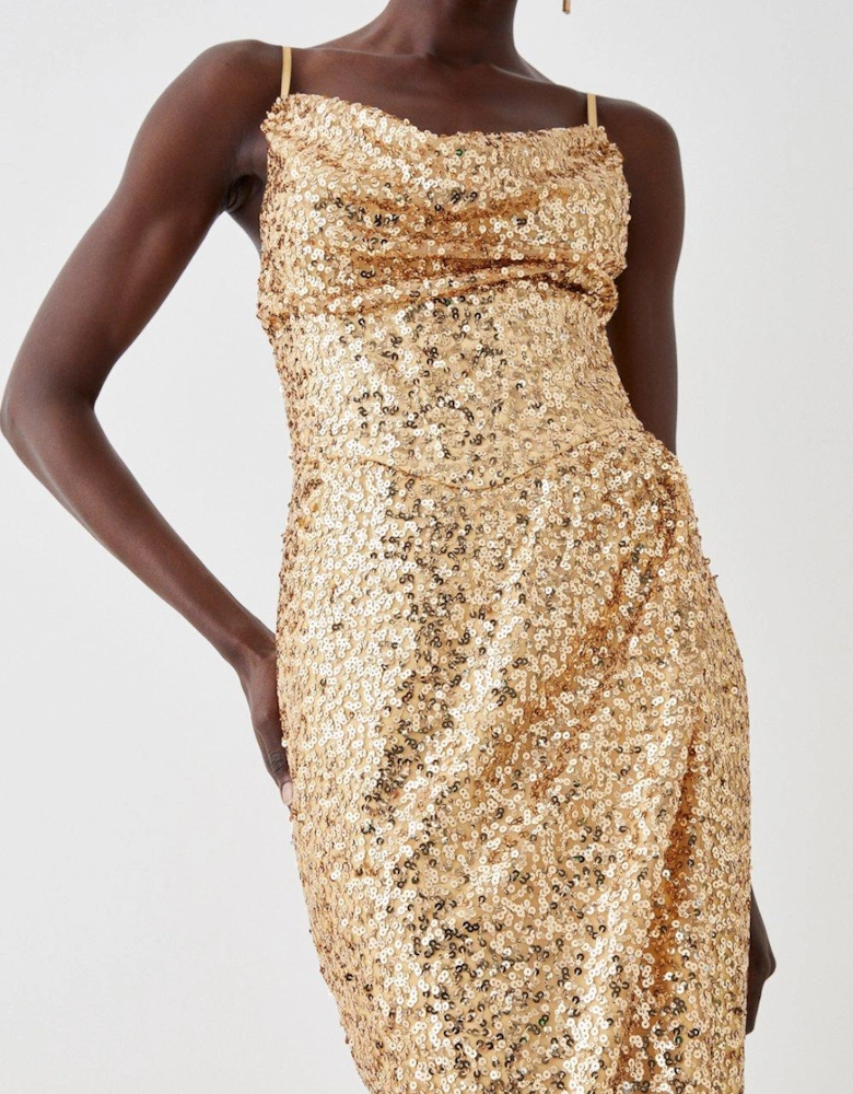 Cowl Neck Sequin Maxi With Fishtail Hem