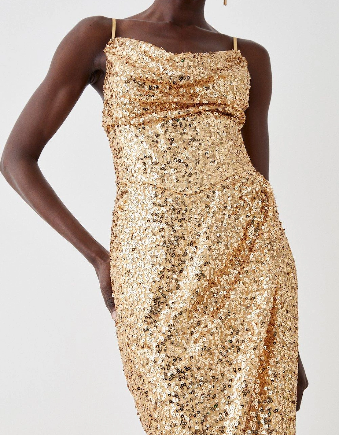 Cowl Neck Sequin Maxi With Fishtail Hem
