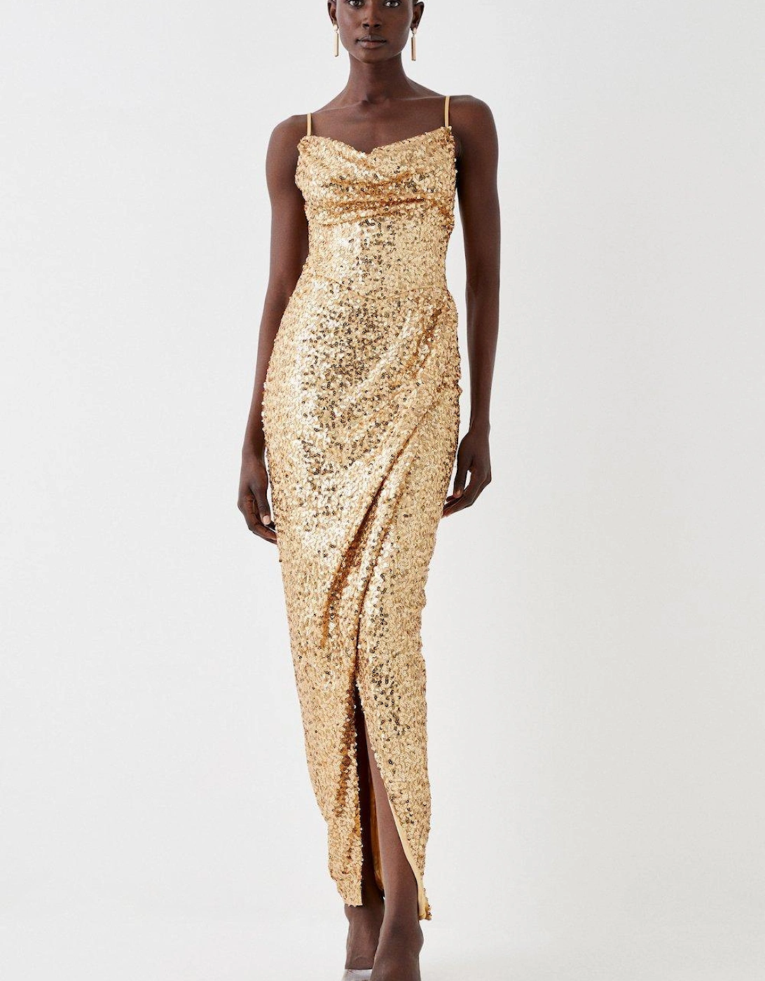 Cowl Neck Sequin Maxi With Fishtail Hem, 5 of 4