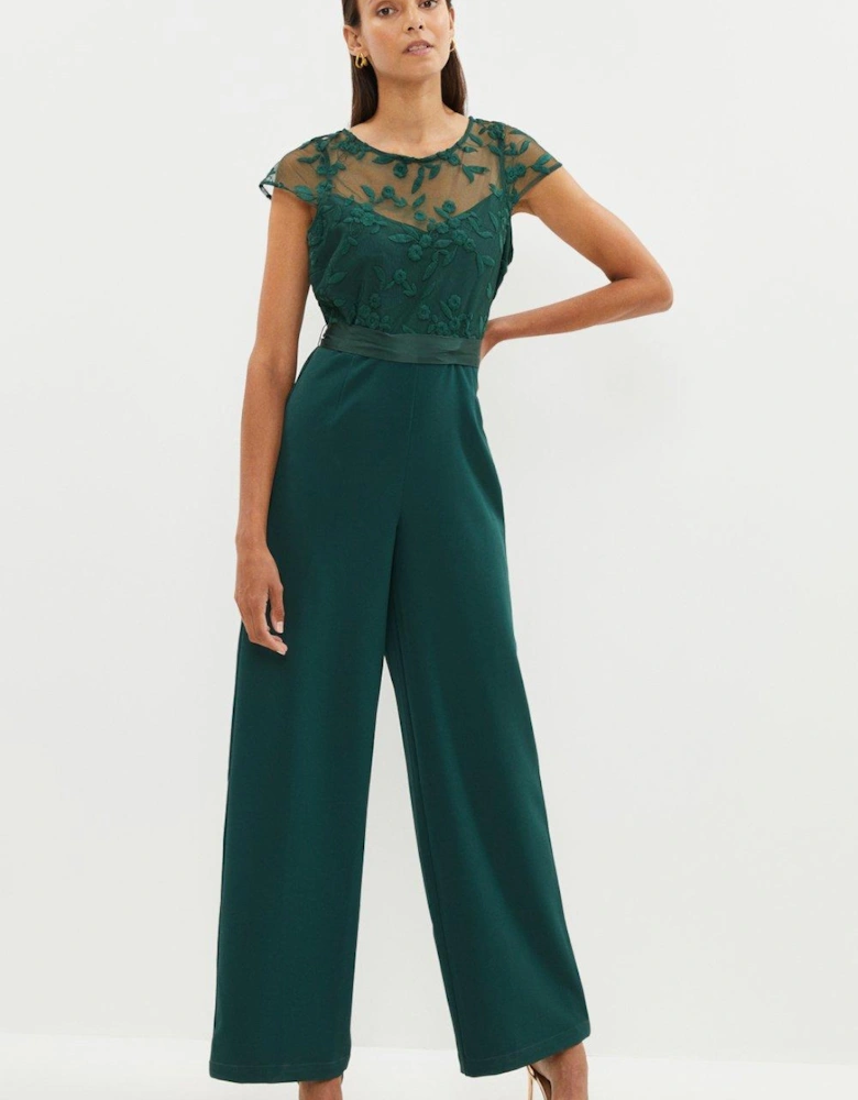 Cap Sleeve Embroidered Top Wide Leg Jumpsuit