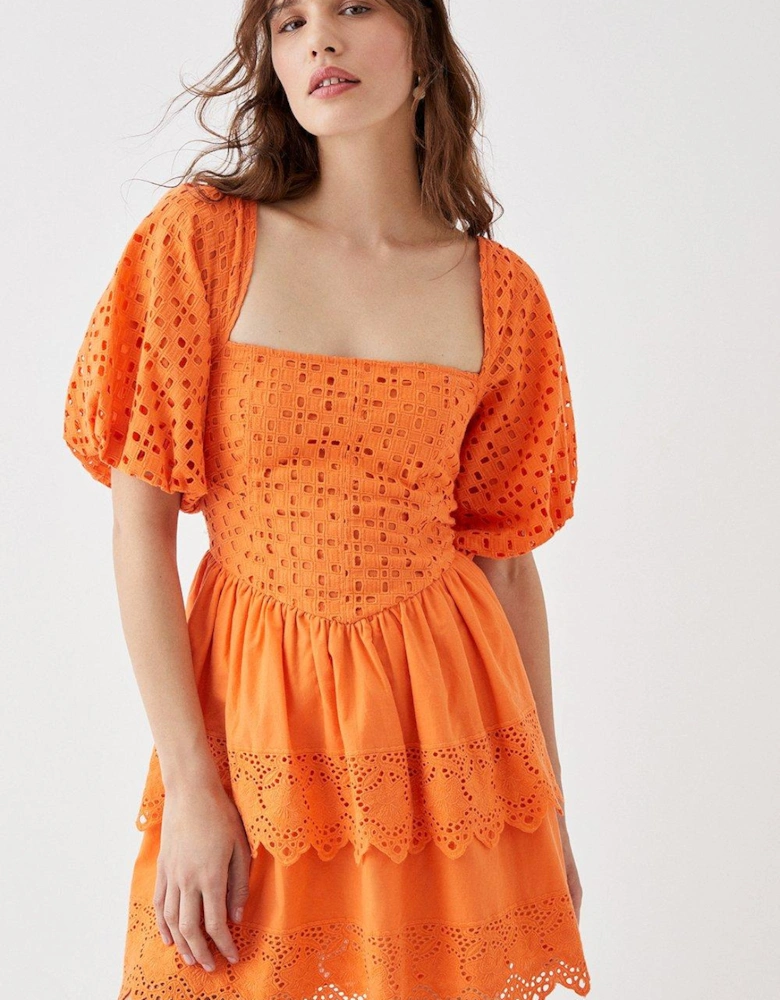 Lace Up Tiered Skirt Broderie Mini Dress