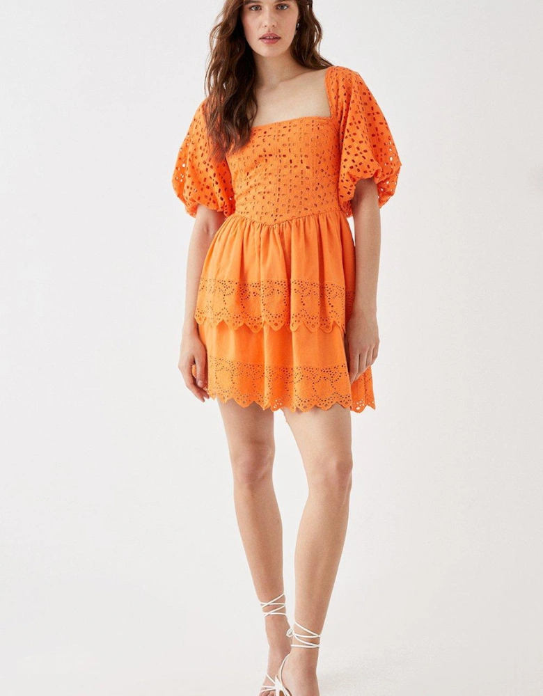 Lace Up Tiered Skirt Broderie Mini Dress