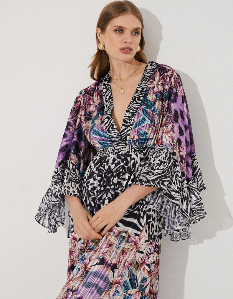Tropical Placement Print Mega Ruffle Sleeve Maxi Dress