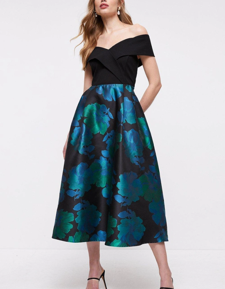Wrap Bardot Jacquard Skirt Midi Dress