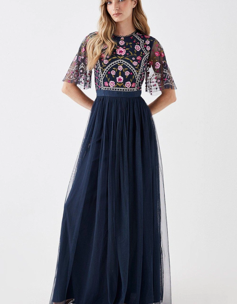 Embroidered Bodice Mesh Skirt Maxi Dress