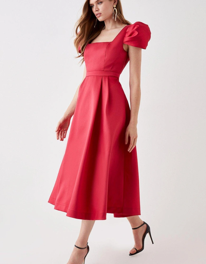 Seamed Bodice Pleated Puff Sleeve Midi Dress