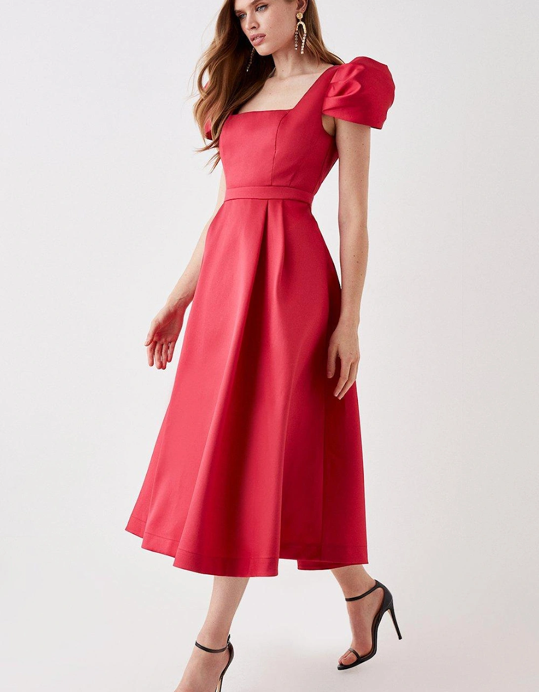 Seamed Bodice Pleated Puff Sleeve Midi Dress, 5 of 4