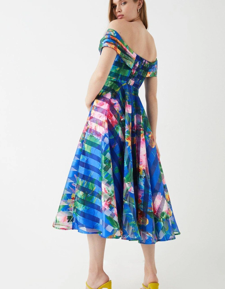 Stripe Organza Pleated Top Midi Dress