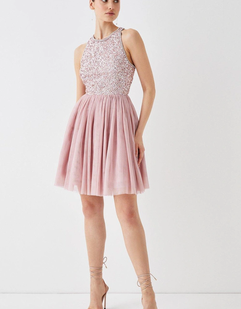 Mini Tulle Skirt Embellished Bodice Prom Dress