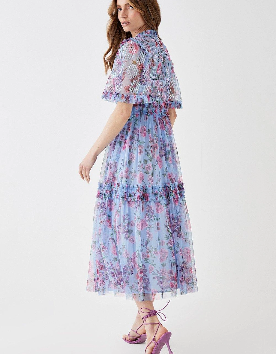 Sequin Angel Sleeve Printed Mesh Midi Dress