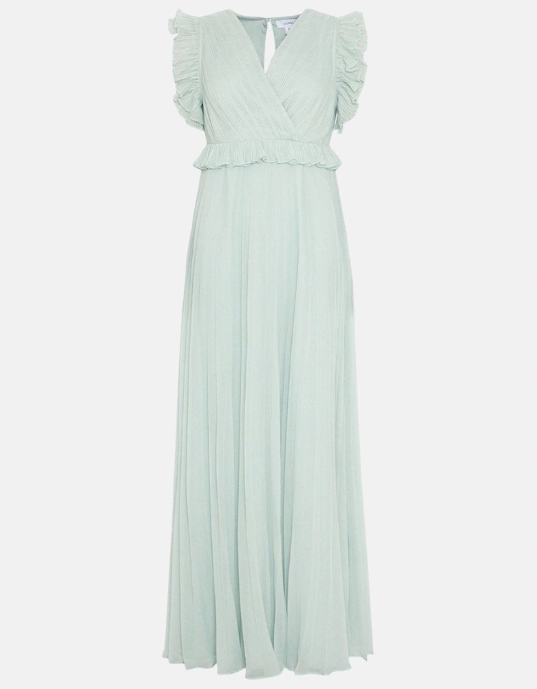 Frill Shoulder Pleated Skirt Maxi Dress