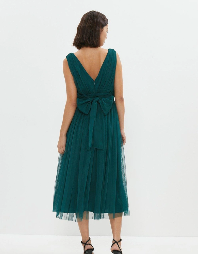 Petite Sleeveless Tulle V Front Bow Back Midi Dress