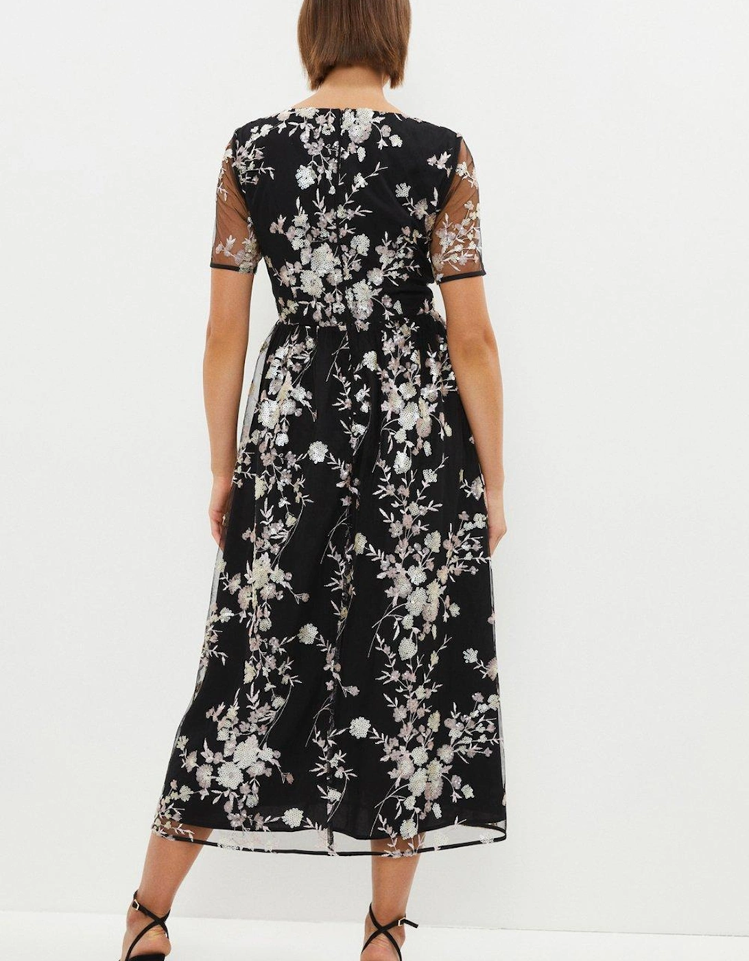 Square Neck Dress In Sequin Floral